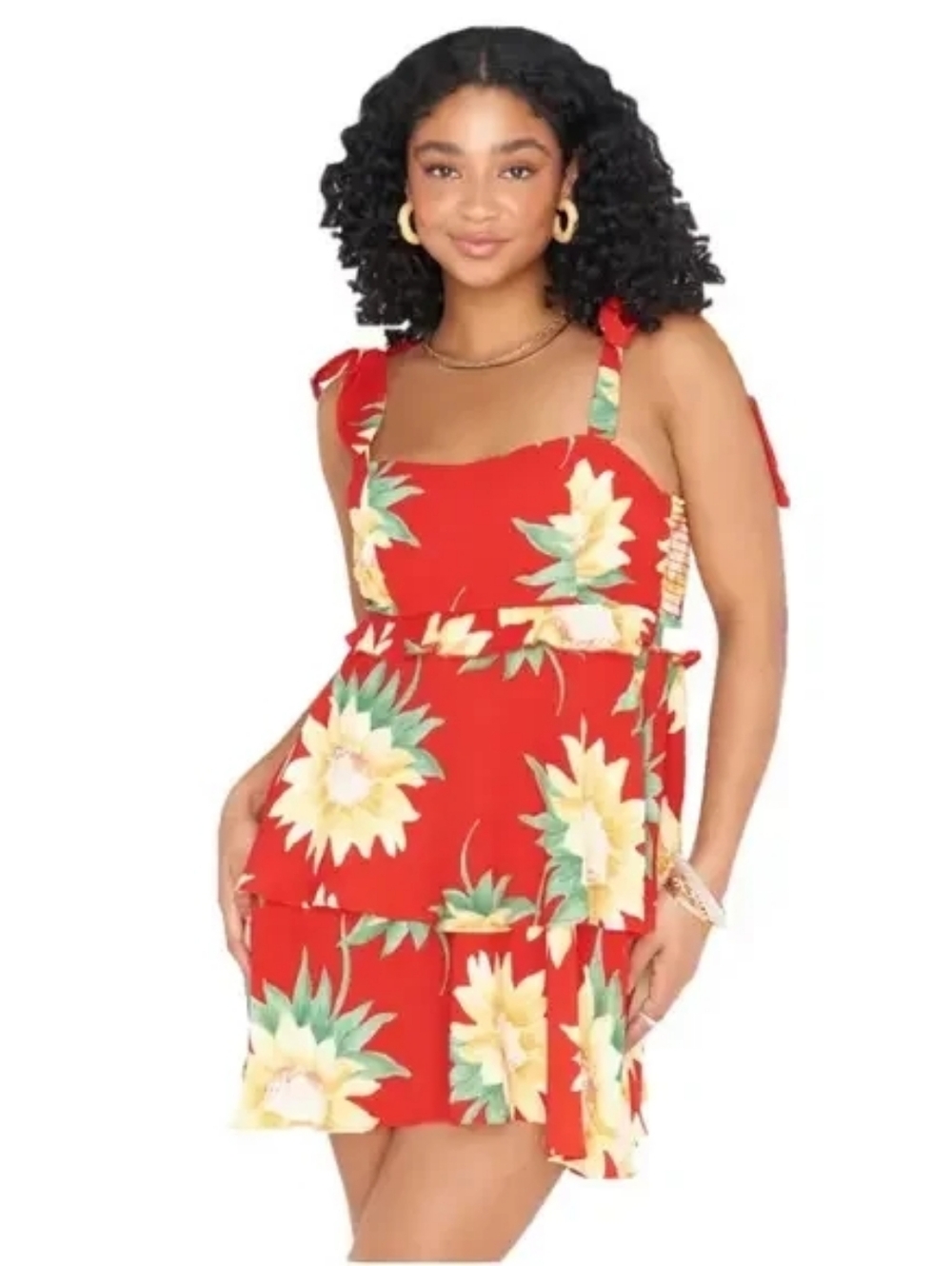 Show Me Your Mumu March Mini Dress Red Floral Size M Tiered Tie Straps Boho